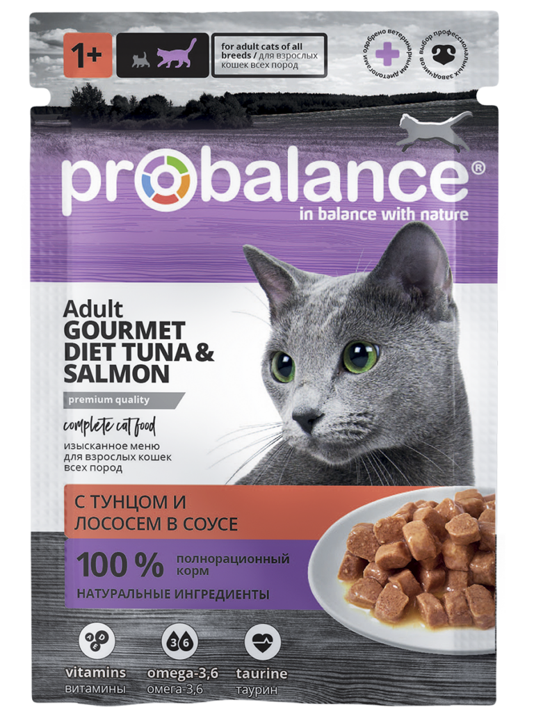 Влажный корм для кошек ProBalance Рацион гурмана c тунцом и лососем в соусе, 85гр (28шт. в уп.)