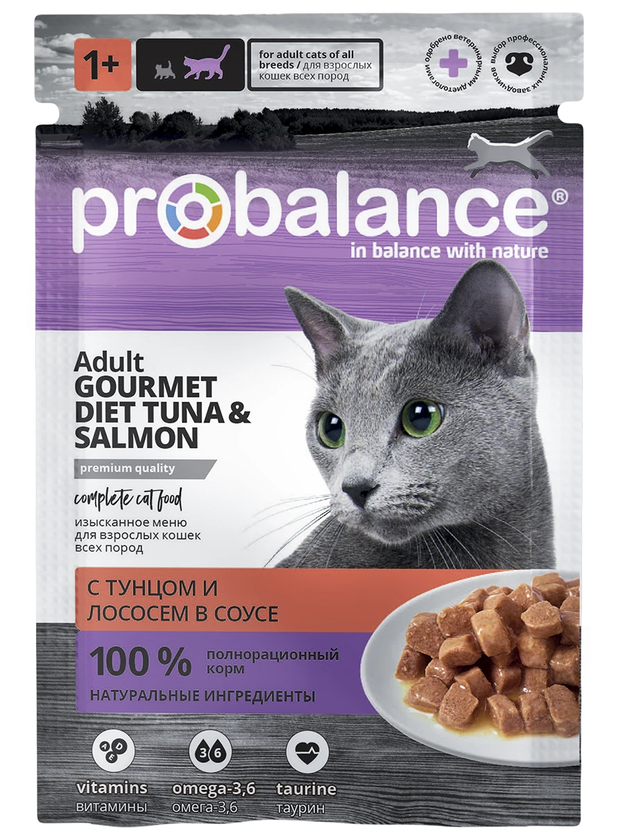 Влажный корм для кошек ProBalance Рацион гурмана c тунцом и лососем в соусе, 85гр (28шт. в уп.)